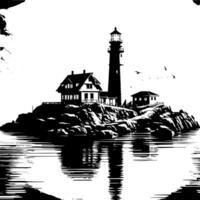 noir et blanc illustration de une traditionnel vieux phare sur le rochers vecteur