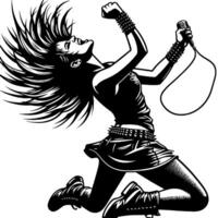 noir et blanc illustration de une punk femme est dansant et tremblement dans une réussi pose vecteur