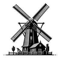 noir et blanc illustration de une traditionnel vieux Moulin à vent dans Hollande vecteur