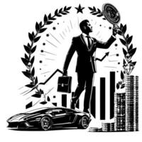 noir et blanc illustration de une réussi affaires homme avec bitcoins argent voitures et luxus vecteur