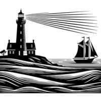 noir et blanc illustration de une traditionnel vieux phare sur le rochers vecteur