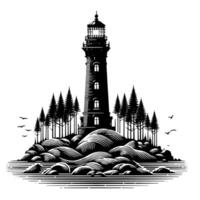 noir et blanc illustration de une traditionnel vieux phare sur le rochers vecteur