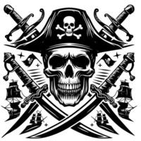 noir et blanc illustration de pirate symbole avec épées et chapeau vecteur