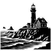noir et blanc illustration de une traditionnel vieux phare sur le rochers vecteur