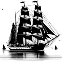 noir et blanc illustration de une traditionnel vieux voile navire vecteur