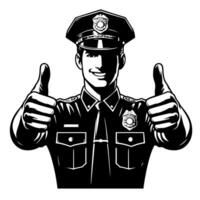 noir et blanc illustration de une police officier qui est montrant le les pouces en haut signe vecteur