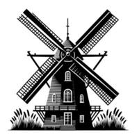 noir et blanc illustration de une traditionnel vieux Moulin à vent dans Hollande vecteur
