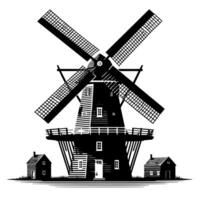 noir et blanc illustration de une traditionnel vieux Moulin à vent dans Hollande vecteur