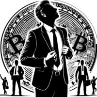 noir et blanc illustration de une réussi affaires homme avec bitcoins argent voitures et luxus vecteur