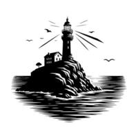 noir et blanc illustration de une traditionnel vieux phare sur le rochers vecteur