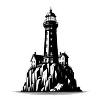 noir et blanc illustration de une traditionnel vieux phare sur le rochers vecteur