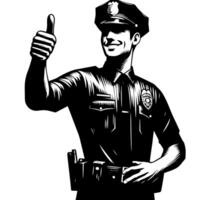 noir et blanc illustration de une police officier qui est montrant le les pouces en haut signe vecteur