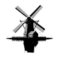 noir et blanc illustration de une traditionnel vieux Moulin à vent dans Hollande vecteur