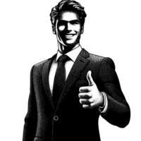 noir et blanc illustration de une homme dans affaires costume est montrant le les pouces en haut signe vecteur
