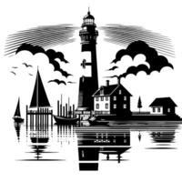 noir et blanc illustration de une traditionnel vieux phare sur le rochers vecteur