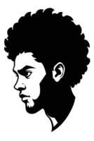 noir africain afro américain Masculin portrait visage silhouette de une coiffure avec frisé cheveux. pochoir dessin de une Humain homme tête profil isolé sur blanc .vinyle mur autocollant décalque .imprimer. camée vecteur