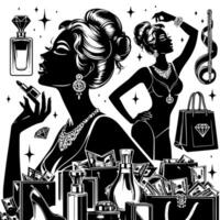 noir et blanc illustration de une chanceux luxueux achats Dame avec Sacs et diamants et parfum vecteur