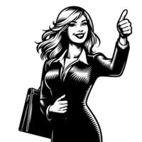 noir et blanc illustration de une femme dans affaires costume est montrant le les pouces en haut signe vecteur