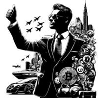 noir et blanc illustration de une réussi affaires homme avec bitcoins argent voitures et luxus vecteur