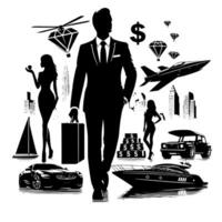 noir et blanc illustration de une réussi affaires homme avec argent voitures les filles et luxus vecteur