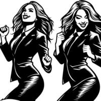 noir et blanc illustration de une femme dans affaires costume est dansant et tremblement dans une réussi pose vecteur
