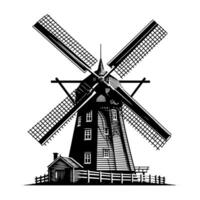 noir et blanc illustration de une traditionnel vieux Moulin à vent dans Hollande vecteur