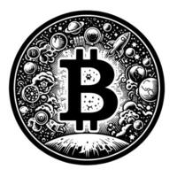 noir et blanc illustration de une Célibataire bitcoin pièce de monnaie vecteur