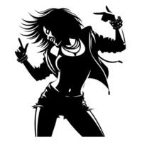 noir et blanc illustration de une punk femme est dansant et tremblement dans une réussi pose vecteur