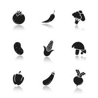 légumes ombre portée ensemble d'icônes noires. tomate, piment fort, brocoli, pomme de terre, maïs, champignons, betterave, paprika, aubergine, maïs, navet. illustrations vectorielles isolées vecteur