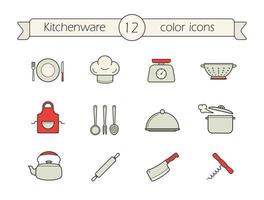 Ensemble d'icônes de couleur d'outils de cuisine. ustensiles de cuisine. passoire, bouilloire, couperet, tire-bouchon, rouleau à pâtisserie, plat couvert, faitout fumant, tablier, balance alimentaire, toque, assiette. illustrations vectorielles isolées vecteur