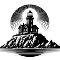 noir et blanc illustration de une traditionnel vieux phare sur le rochers vecteur