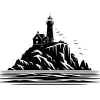 noir et blanc illustration de une traditionnel vieux phare sur le rochers vecteur