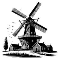 noir et blanc illustration de une traditionnel vieux Moulin à vent dans Hollande vecteur