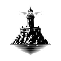 noir et blanc illustration de une traditionnel vieux phare sur le rochers vecteur