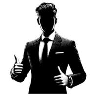 noir et blanc illustration de une homme dans affaires costume est montrant le les pouces en haut signe vecteur