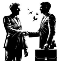 noir et blanc illustration de une poignée de main entre deux affaires Hommes dans costume vecteur