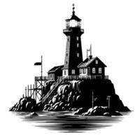 noir et blanc illustration de une traditionnel vieux phare sur le rochers vecteur