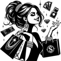 noir et blanc illustration de une chanceux luxueux achats Dame avec Sacs et diamants et parfum vecteur