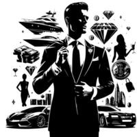 noir et blanc illustration de une réussi affaires homme avec argent voitures les filles et luxus vecteur