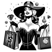 noir et blanc illustration de une chanceux luxueux achats Dame avec Sacs et diamants et parfum vecteur