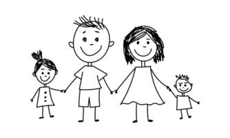 enfants griffonnage dessin de content famille. de bonne humeur esquisser Parents en portant mains de peu garçon et fille comme symbole de fort et aimant relation vecteur