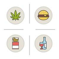 ensemble d'icônes de couleur dépendances et mauvaises habitudes. feuille de marijuana, hamburger, paquet de cigarettes ouvert, bouteille de vin et verre. dépendances aux drogues, au tabac, à l'alcool et à la restauration rapide. illustrations vectorielles isolées vecteur