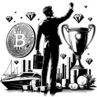 noir et blanc illustration de une réussi affaires homme avec bitcoins argent voitures et luxus vecteur