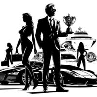 noir et blanc illustration de une réussi affaires homme avec argent voitures les filles et luxus vecteur