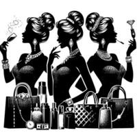 noir et blanc illustration de une chanceux luxueux achats Dame avec Sacs et diamants et parfum vecteur