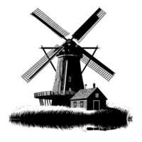 noir et blanc illustration de une traditionnel vieux Moulin à vent dans Hollande vecteur