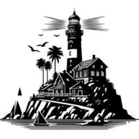 noir et blanc illustration de une traditionnel vieux phare sur le rochers vecteur