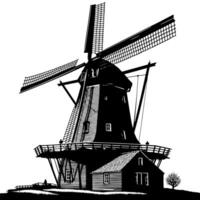 noir et blanc illustration de une traditionnel vieux Moulin à vent dans Hollande vecteur