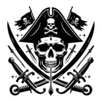 noir et blanc illustration de pirate symbole avec épées et chapeau vecteur