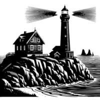 noir et blanc illustration de une traditionnel vieux phare sur le rochers vecteur